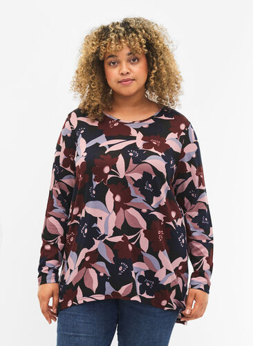 Zizzi Blouse florale à manches longues, Black Rose Flower, Model image number 0