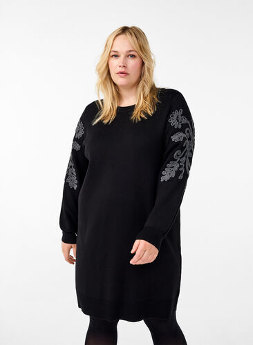 Zizzi Robe en maille avec détails brodés, Black Medium G. Comb, Model image number 0