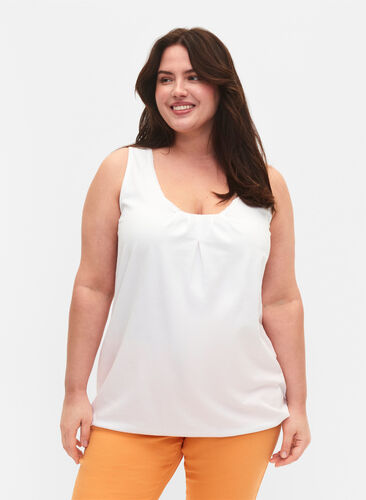 Zizzi Top en coton avec col rond et bordure en dentelle, Bright White, Model image number 0