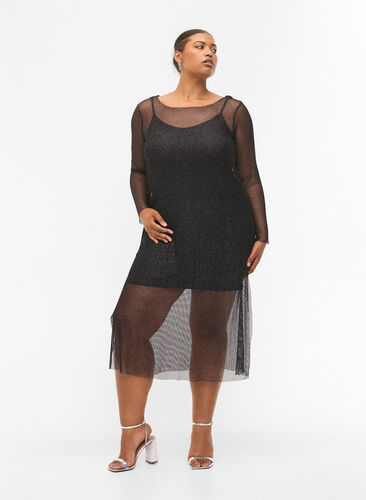 Zizzi Robe filet à manches longues, Black w. Silver, Model image number 0