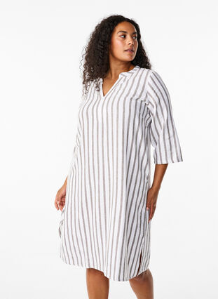 Zizzi Robe tunique rayée en mélange de lin et de viscose, White Stripe, Model image number 0