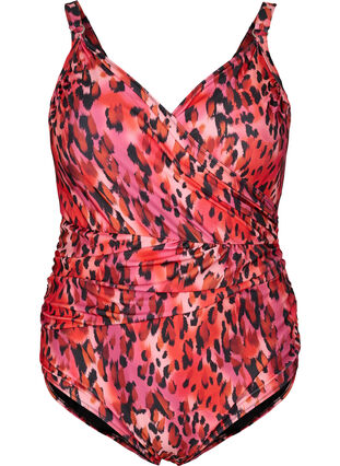 Zizzi Maillot de bain avec imprimé et effet cache-cœur, Red Leopard AOP, Packshot image number 0