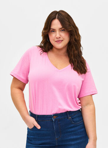 Zizzi FLASH - T-shirt avec col en V, Begonia Pink, Model image number 0