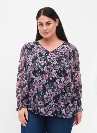 Zizzi Blouse à fleurs à manches longues et col en V, Black Small Fl. AOP, Model image number 0