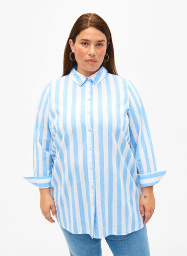 Zizzi Chemise longue en lin et en coton, Blue White Stripe, Model image number 0
