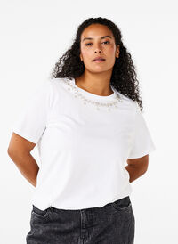 T-shirt à col rond et strass, Bright White, Model