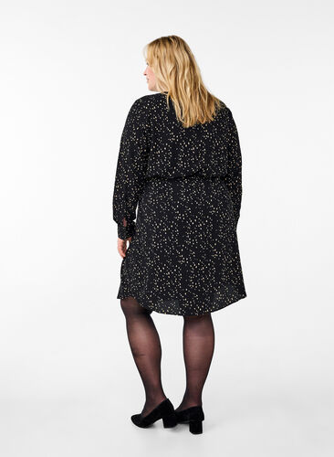 Zizzi Robe à manches longues avec cordon de serrage, Black w. Dot AOP, Model image number 1