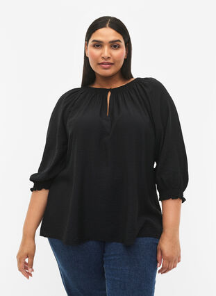 Zizzi Blouse en viscose en forme de A avec des manches 3/4., Black, Model image number 0