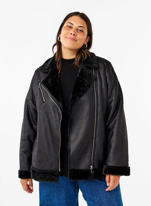 Zizzi Veste de pilote en similicuir, Black, Model image number 0