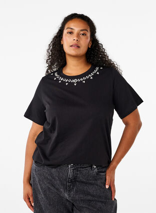 Zizzi T-shirt à col rond et strass, Black, Model image number 0