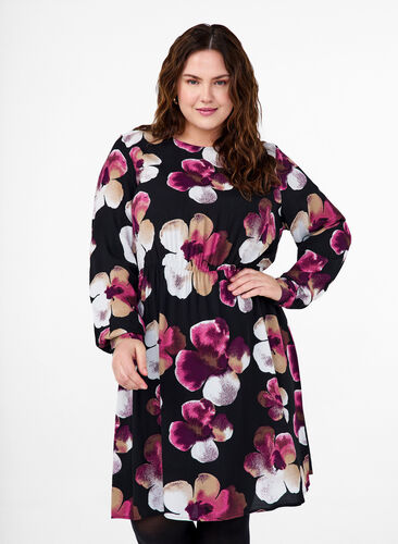 Zizzi Robe en viscose avec imprimé et manches longues., Black Pink FlowerAOP, Model image number 0