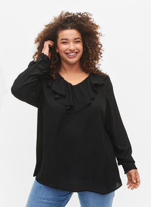 Zizzi Blouse à manches longues à volants, Black, Model image number 0