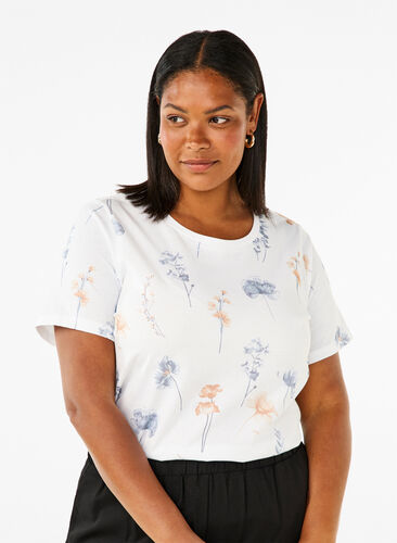 Zizzi T-shirt en coton biologique avec imprimé floral, White W. Blue flower, Model image number 0