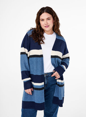 Zizzi Cardigan long en tricot avec rayures larges, Bering Sea Mel. Comb, Model image number 0