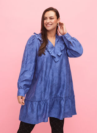 Zizzi Robe à volants en lyocell (TENCEL™), Colony Blue, Model image number 0