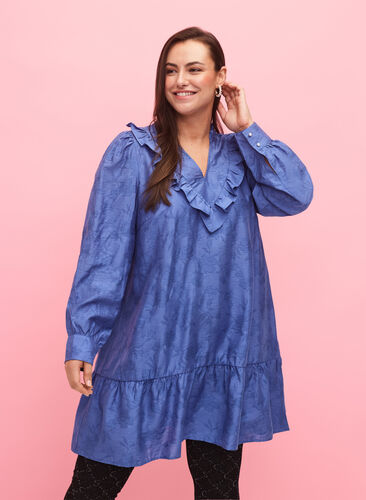 Zizzi Robe à volants en lyocell (TENCEL™), Colony Blue, Model image number 0