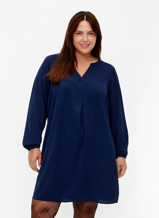 Zizzi Robe à manches longues et encolure en V, Navy, Model image number 0