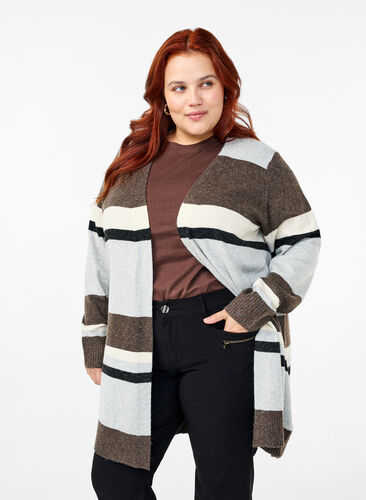 Zizzi Cardigan long en tricot avec rayures larges, Light Grey Mel.Comb, Model image number 0