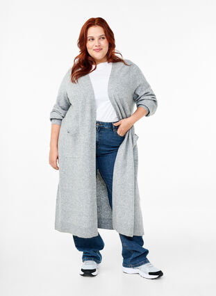 Zizzi Long cardigan tricoté avec poches, Light Grey Melange, Model image number 0