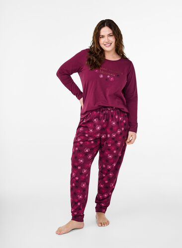 Zizzi Pantalon de pyjama en coton avec imprimé, Fig Flower AOP, Model image number 0