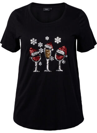 Zizzi T-shirt de Noël à paillettes, Black w. Wine, Packshot image number 0