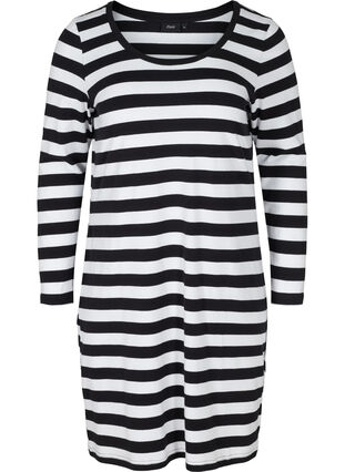 Zizzi Robe rayée en coton à manches longues, Black w. White, Packshot image number 0