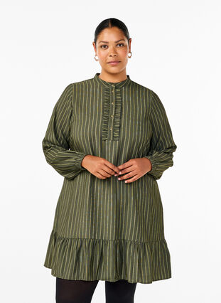 Zizzi Robe courte à rayures et jabot, Thyme Stripe AOP, Model image number 0