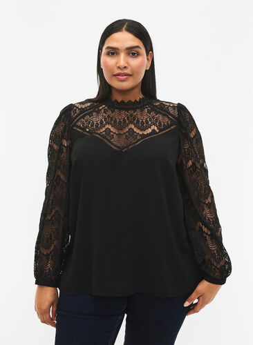 Zizzi Blouse manches longues avec dentelle, Black, Model image number 0