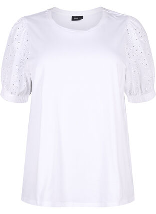 Zizzi Chemisier en coton biologique avec manches en broderie anglaise, Bright White, Packshot image number 0