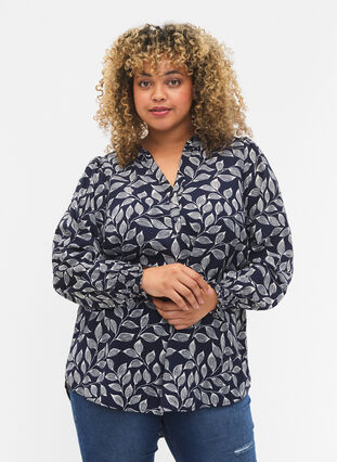 Zizzi Blouse avec smocks et décolleté en V, Navy Leaf, Model image number 0