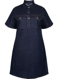 Robe en denim avec manches courtes et poches de poitrine, Dark Blue Denim, Packshot