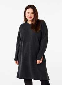 Robe en maille à col rond et fendue, Dark Grey Melange, Model