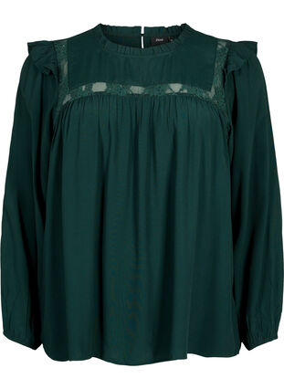 Zizzi Blouse en viscose avec froufrous et dentelle, Scarab, Packshot image number 0