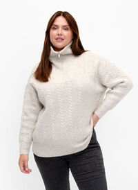 Pull en maille torsadée avec fermeture éclair, Pumice Stone Mel., Model