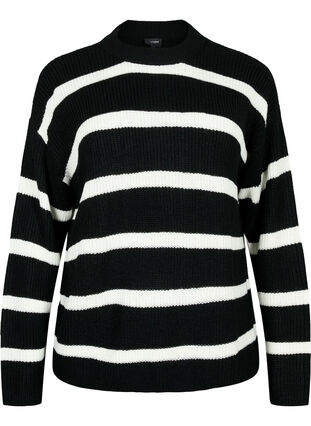 Zizzi FLASH - Pull en tricot rayé, Black/White Stripe, Packshot image number 0