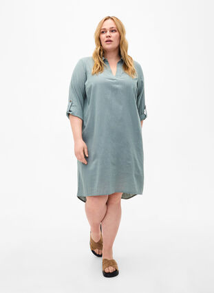 Zizzi Robe rayée en coton et lin, Chinois Green, Model image number 2