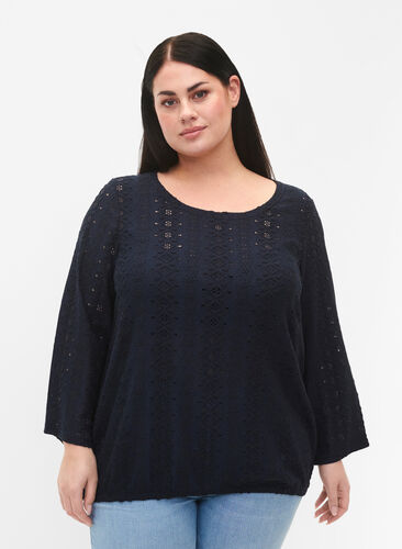 Zizzi Blouse avec broderie anglaise et manches 7/8, Navy Blazer, Model image number 0