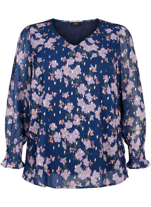 Zizzi Blouse à fleurs à manches longues et col en V, Blue Small Fl. AOP, Packshot image number 0