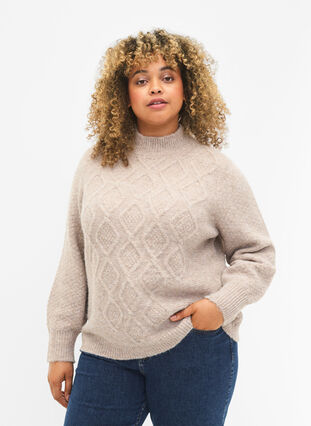 Zizzi Pull en tricot à motifs avec col roulé, Simply Taupe Mel., Model image number 0