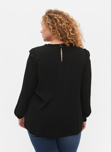 Zizzi Blouse en viscose avec froufrous et dentelle, Black, Model image number 1