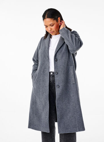 Zizzi Manteau long en laine avec des poches, Dark Grey Melange, Model image number 0