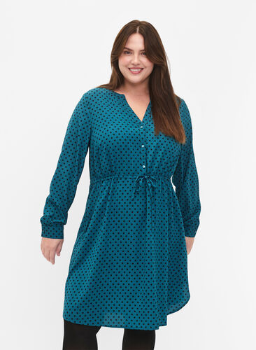 Zizzi Robe imprimée avec cordon à la taille, Shaded Spruce Dot, Model image number 0