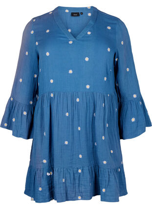 Zizzi Robe en coton doux avec des fleurs brodées, Blue Horizon Daisy, Packshot image number 0