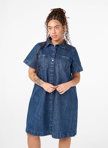 Zizzi Chemise en jean longue à manches courtes, Blue Denim, Model image number 0