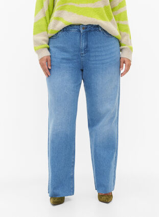 Zizzi Jean droit avec bords bruts, Medium Blue, Model image number 2