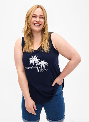 Zizzi Top en coton avec forme en A, Navy B. W. Summer, Model image number 0