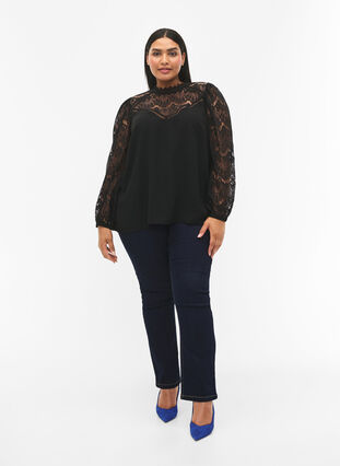 Zizzi Blouse manches longues avec dentelle, Black, Model image number 2