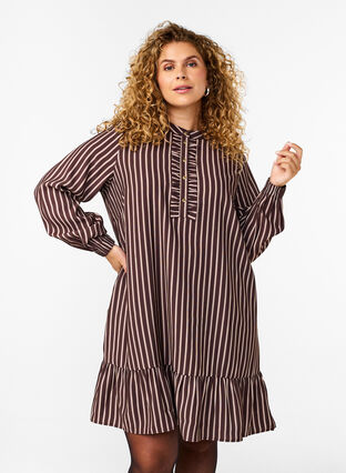 Zizzi Robe courte à rayures et jabot, Hot Fudge Stripe AOP, Model image number 0