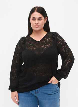 Zizzi Blouse en dentelle à manches longues, Black, Model image number 0