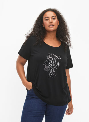 Zizzi T-shirt en coton avec motif, Black w. Lion, Model image number 0